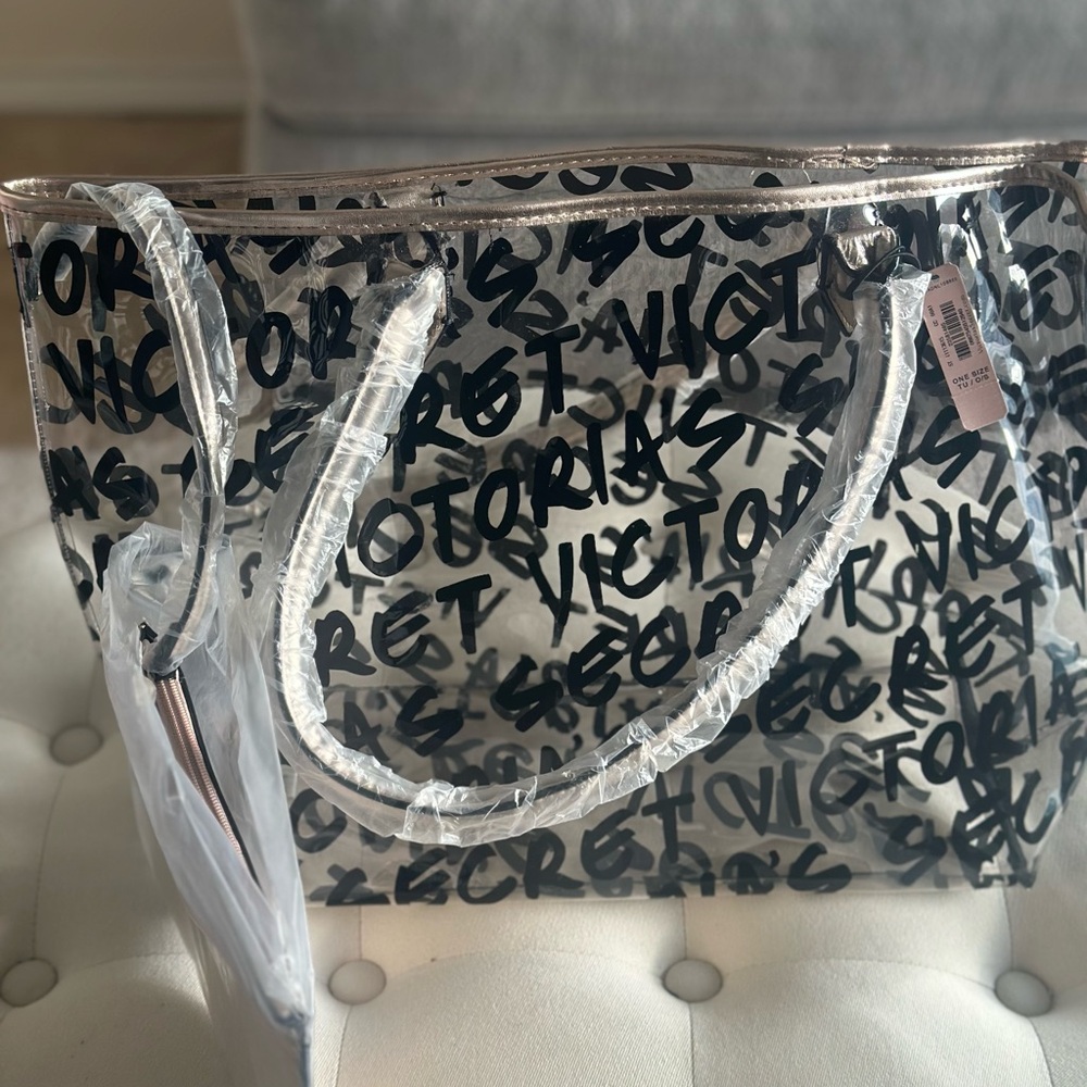 Victoria's Secret Black Script Clear Tote with Rose Gold Trim